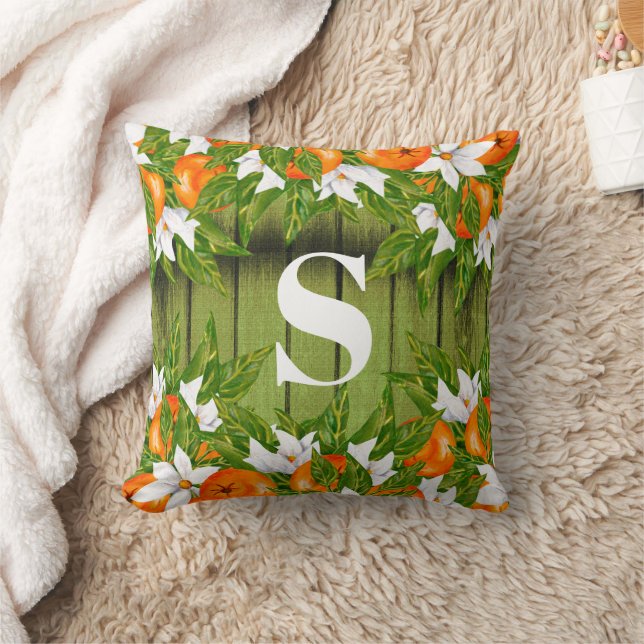 Coussin Oranges Fruit Pays Automne Bois Vert Monogramme (Couverture)