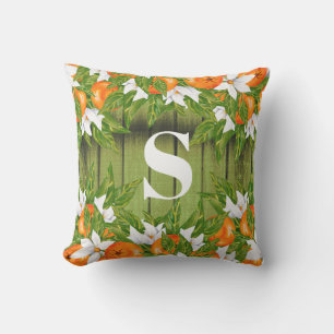 Coussin Oranges Fruits Pays Automne Vert Bois Monogramme