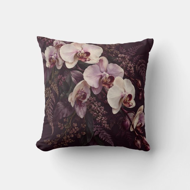 Coussin Orchidée botanique ivoire prune (Recto)
