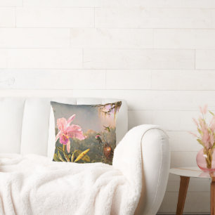 Coussin Orchidée de Cattleya et trois colibris