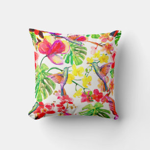 Coussin Orchidée Et Oiseaux À Fleurs Tropicales Élégantes
