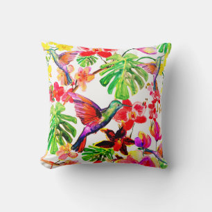 Coussin Orchidée Et Oiseaux À Fleurs Tropicales Élégantes