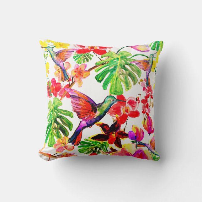 Coussin Orchidée Et Oiseaux À Fleurs Tropicales Élégantes (Recto)