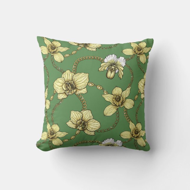 Coussin Orchidées et chaînes, jaune et vert kelly (Recto)