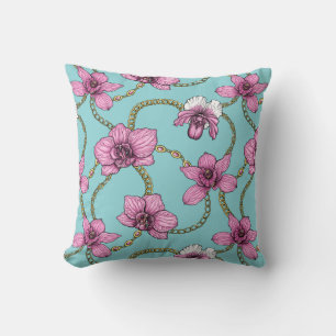 Coussin Orchidées et chaînes, rose et bleu