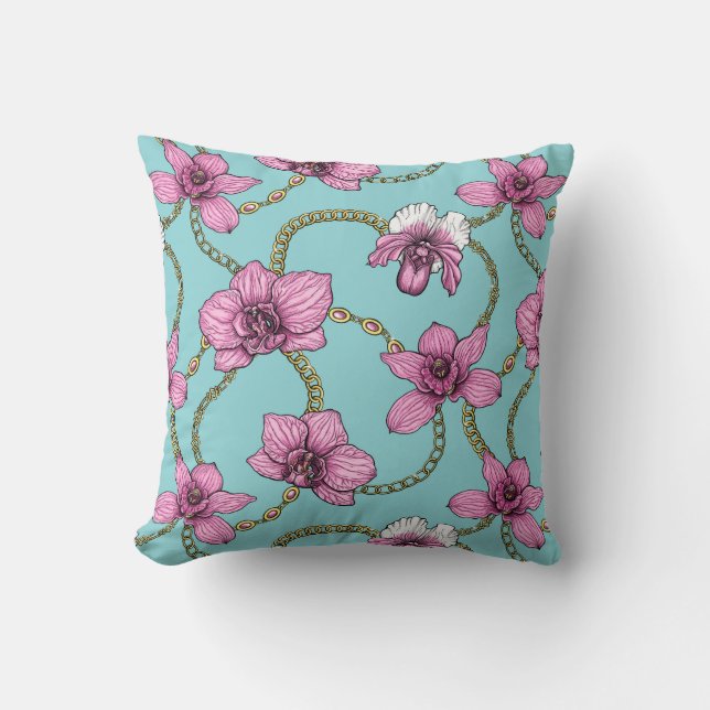 Coussin Orchidées et chaînes, rose et bleu (Recto)