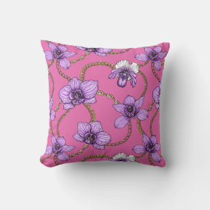 Coussin Orchidées et chaînes, violet et rose