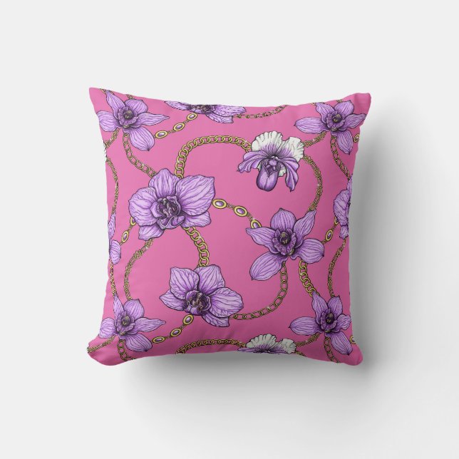 Coussin Orchidées et chaînes, violet et rose (Recto)