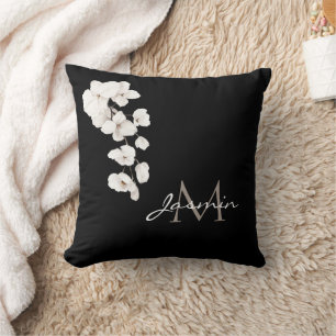 Coussin Orchidées noires et blanches modernes Monogramme f