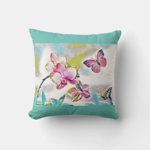 Coussin Orchidées roses fleurs et papillons