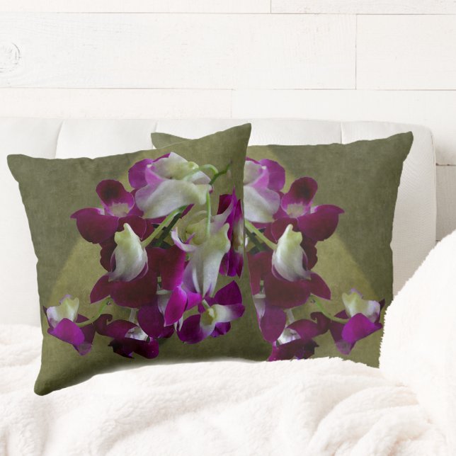 Coussin Orchidées violettes et blanches Belle florale vert (Créateur téléchargé)