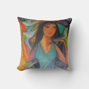 Coussin Oreiller, Peinture sur verre femme belle vitrail