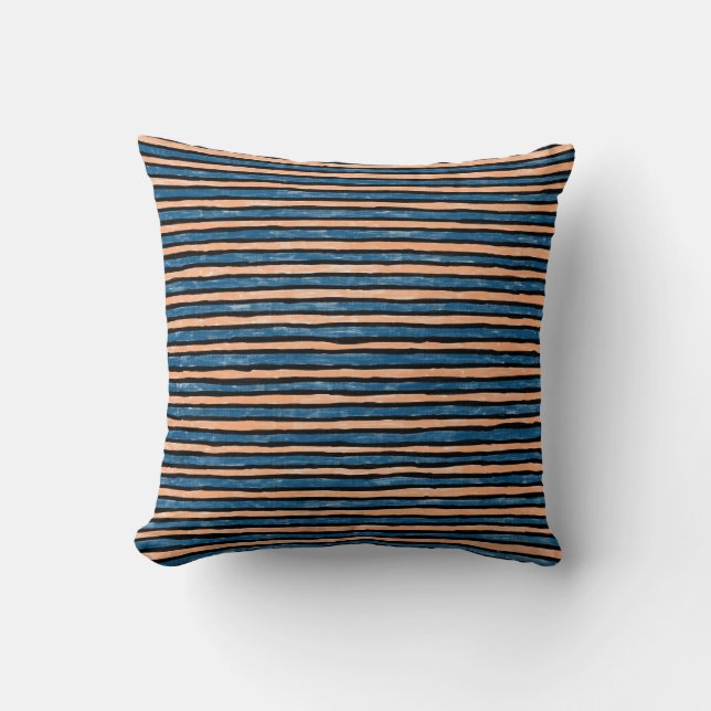 Coussin Oreiller, rayures peintes, bleu et orange (Recto)