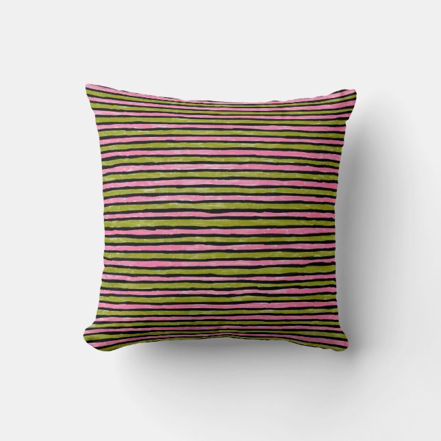 Coussin Oreiller, rayures peintes, vert moutarde et rose (Recto)