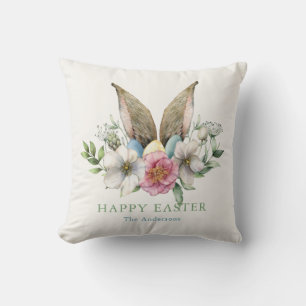 Coussin Oreilles et oeufs de lapin floral Pâques