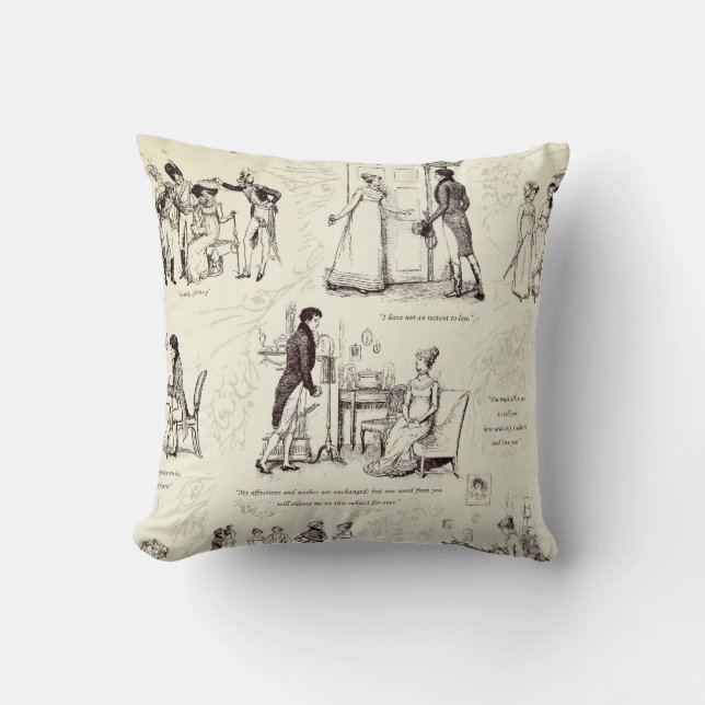 Coussin Orgueil et Préjugés Toile Marron Beige Citations (Recto)