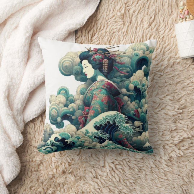 Coussin Oriental abstrait Geisha Kanagawa vagues nuages (Couverture)