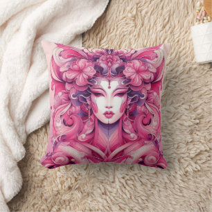 Coussin Oriental abstrait symétrique Geisha fleurs roses
