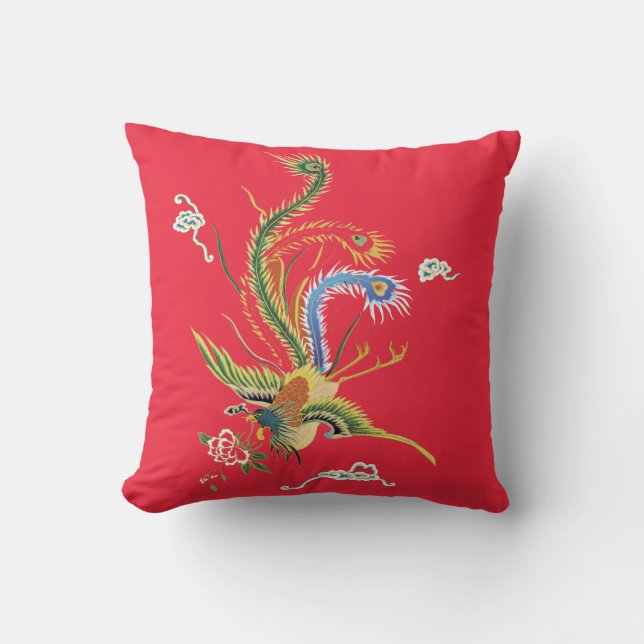 Coussin Oriental Pheasant on Bright Red Pillow (Recto)