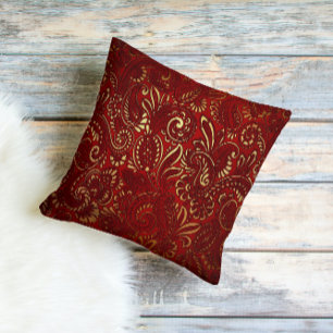 Coussin Ornate Bourgogne Rouge Or Fleurs Bohemian Paisley