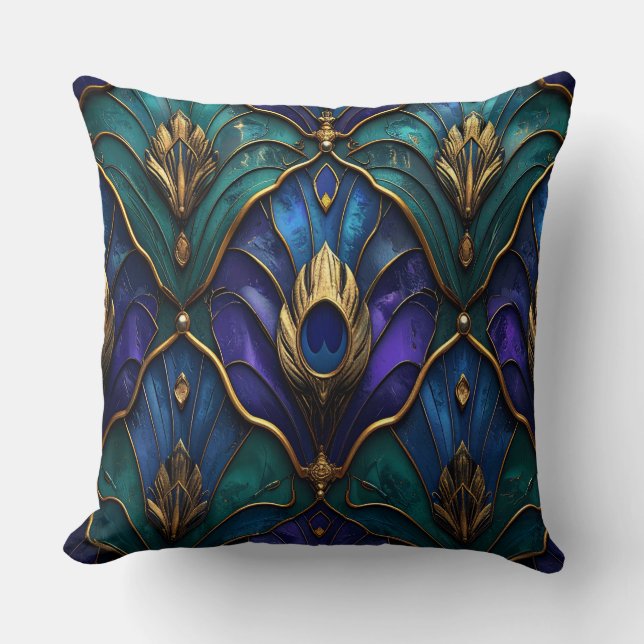 Coussin Ornate Royal Peacock & Gold Luxury Pillow (Recto)