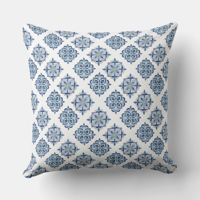 Coussin Ornement brodé bleu sur blanc (Verso)