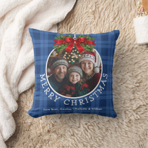 Coussin Ornement de boule de Noël Photo Bleu Buffalo Plaid