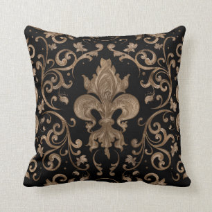 Coussin Ornement de luxe Fleur de lis - noir et or