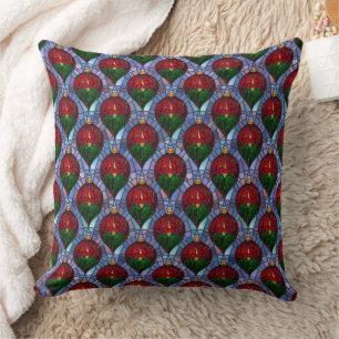 Coussin Ornement de Noël Rouge Vert Bleu Verre Cathédrale