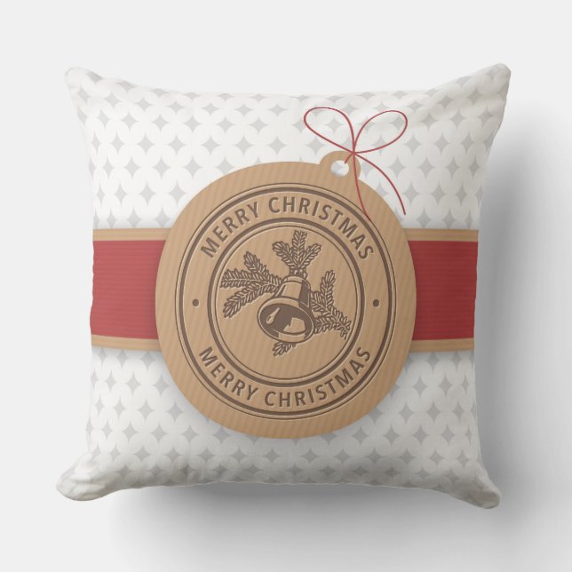 Coussin Ornement de Noël Tan & Rouge avec Date (Recto)