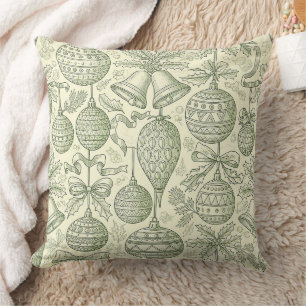 Coussin Ornement de Noël Vintage Toile Vert Sauge Crème