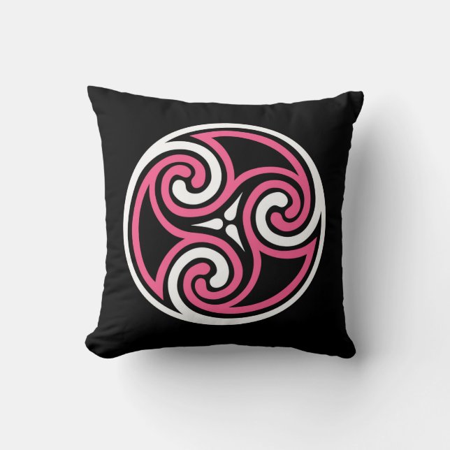 Coussin Ornement de Triskele celtique, Fuchsia, noir et bl (Recto)