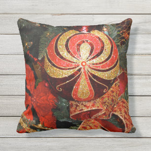 Coussin Ornement et poinsettia rouges de fête de Noël d'