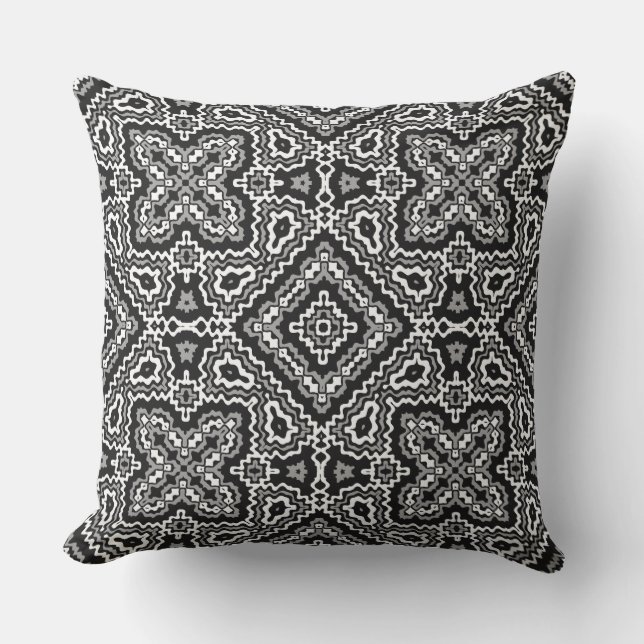 Coussin ornement ethnique motif géométrique noir et blanc (Recto)