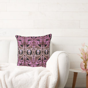 Coussin Ornement rose Goth avec crâne