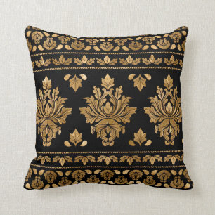 Coussin Ornement Vintage oriental en damas - Noir et or