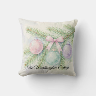 Coussin Ornements de Noël à l'aquarelle pastel sur branche