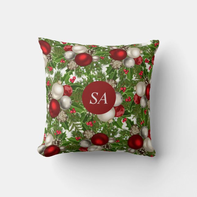 Coussin Ornements de Noël rouge et blanc, Noël Holly (Recto)