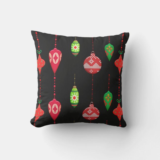 Coussin Ornements Rouges Verts de Style Rétro Noël (Recto)