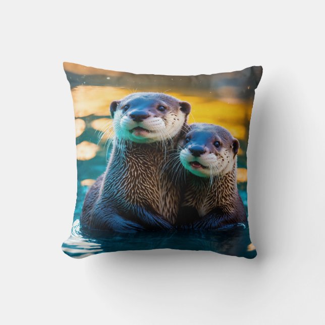 Coussin Otterly in Love : Bébé Otters serrés dans les eaux (Recto)