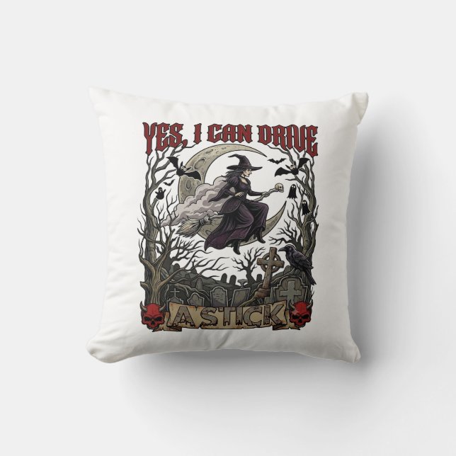 Coussin Oui Peut Conduire Bâton Sorcière Cimetière Hallowe (Recto)