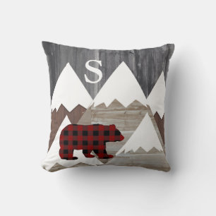 Coussin Ours à carreaux de buffle montagnes enneigées rust