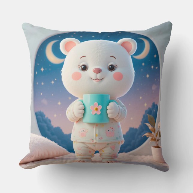 Coussin Ours adorable en pyjama tenant une tasse (Recto)