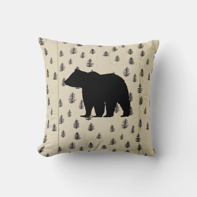 Coussin Ours arbre Montagne Illustration Motif Rustique (Recto)