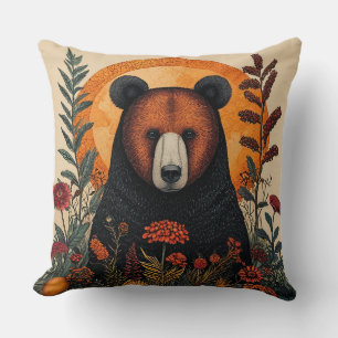 Coussin Ours artistique parmi des fleurs botaniques vibran