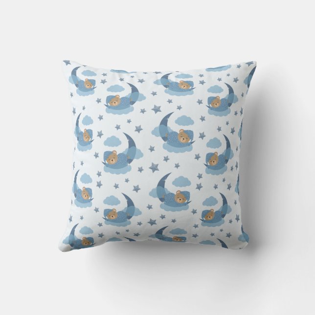 Coussin Ours Bébé Couché Bleu Sur Lune Nuages & Étoiles (Verso)