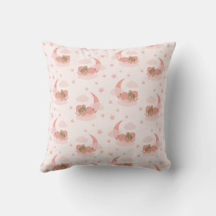 Coussin Ours Bébé Couché Rose Sur Lune Nuages & Étoiles