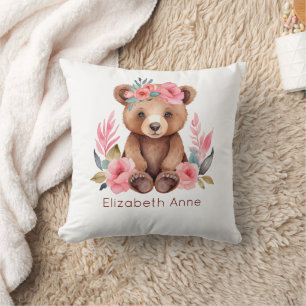 Coussin Ours Bébé Monogramme Fleurs Roses Nurserie Bébé Fi
