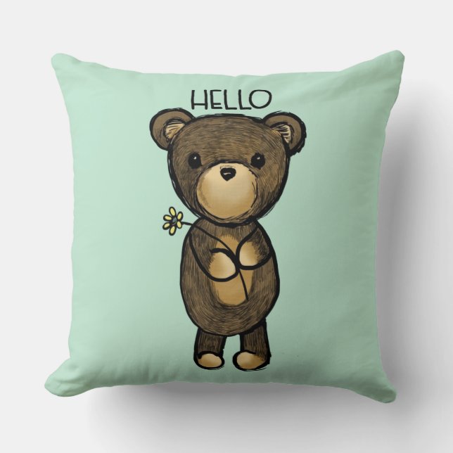 Coussin Ours Brown mignon avec Fleur Jaune Bonjour (Recto)