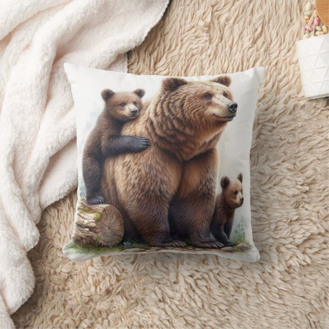 Coussin Ours Brun avec Deux Oursons Faune Rustique (Couverture)